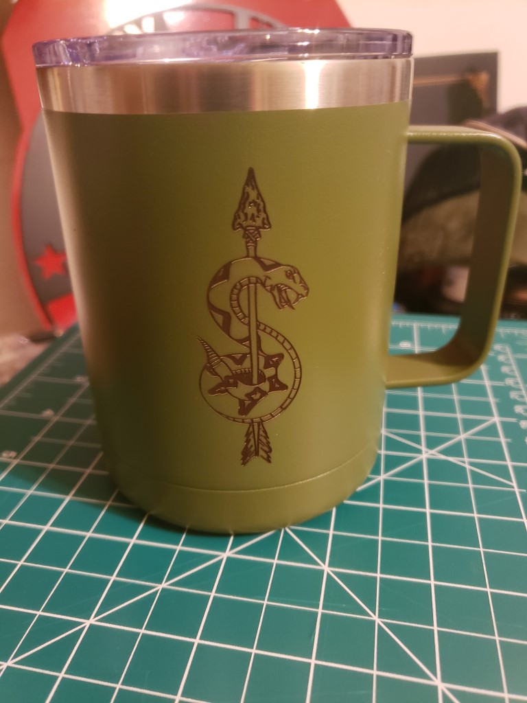 12oz insulated coffee mug with Sniper School Logo